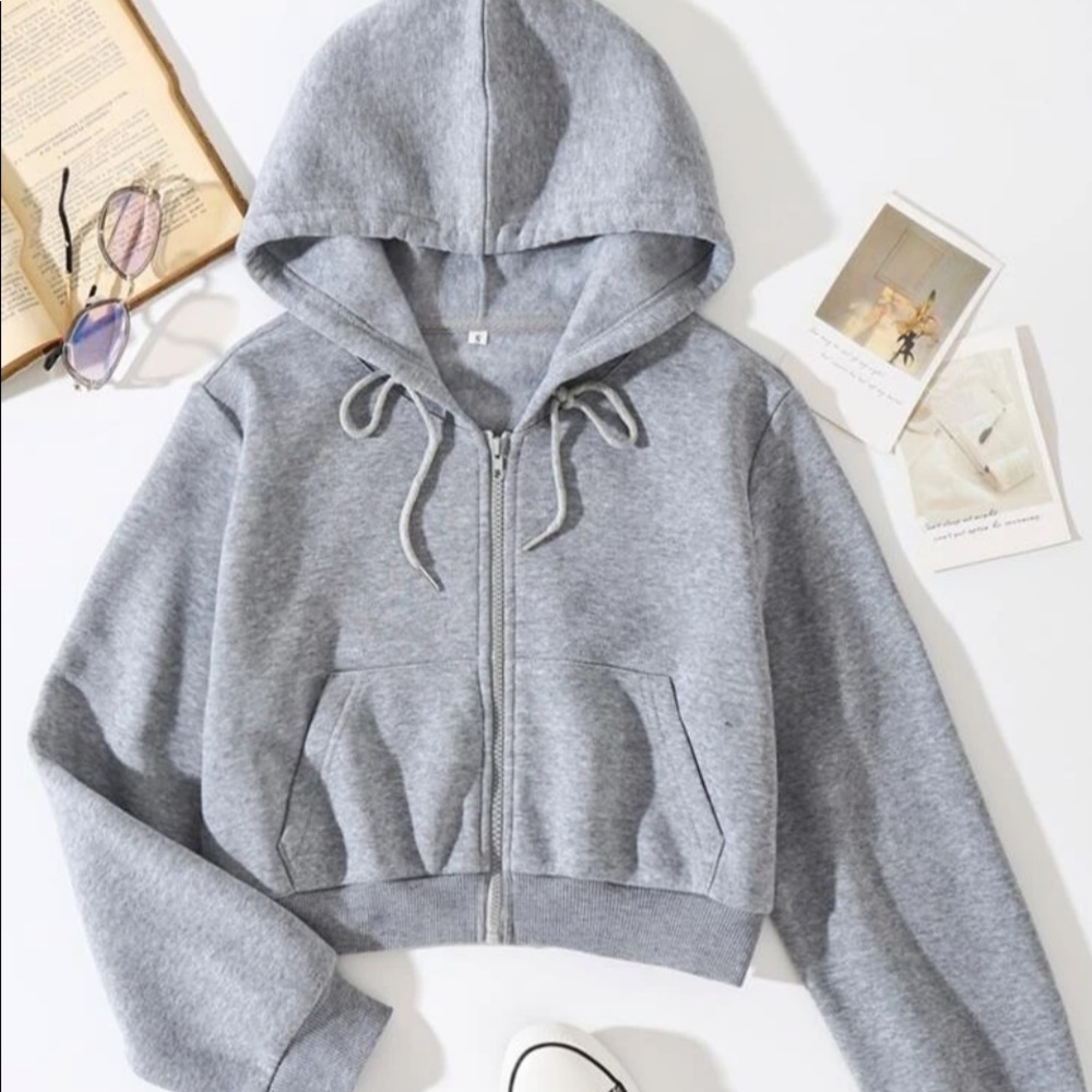 Solid Drawstring Zip Up Crop Thermal Hoodie.